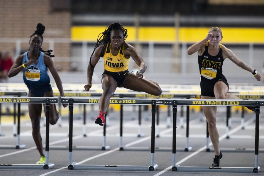 Iowa%E2%80%99s+Myreanna+Bebe+leads+the+60-meter+hurdles+during+the+2022+Hawkeye+Invitational+track+and+field+meet+at+the+University+of+Iowa+Recreation+Building+on+Saturday%2C+Jan.+15%2C+2022.+Bebe+set+a+personal+record+with+a+time+of+8.30+to+put+her+No.+4+all-time+for+the+Hawkeyes.+The+Hawkeye+Invitational+hosted+Arkansas+State%2C+Bradley%2C+Hawkeye+Community+College%2C+Indian+Hills+Community+College%2C+Iowa+Central+Community+College%2C+Loyola-Chicago%2C+Northern+Iowa%2C+South+Dakota%2C+UW-Milwaukee%2C+and+Western+Illinois.