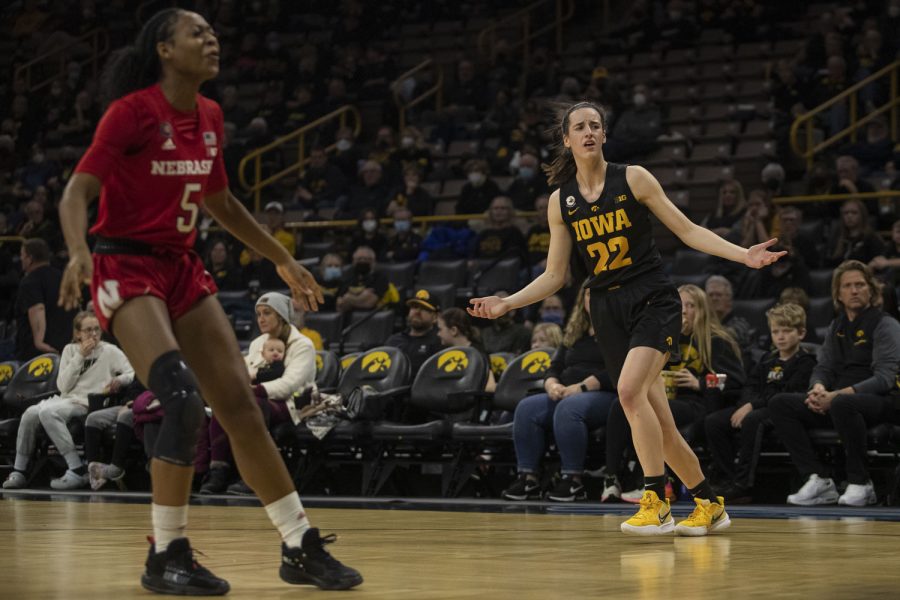 Iowa guard Caitlin Clark looks to the official after a foul was called on Nebraska guard Micole Cayton during a women’s basketball game between Iowa and Nebraska at Carver-Hawkeye Arena in Iowa City on Sunday, Jan. 16, 2022. Nebraska finished with 28 personal fouls. The Hawkeyes defeated the Cornhuskers, 93-83.