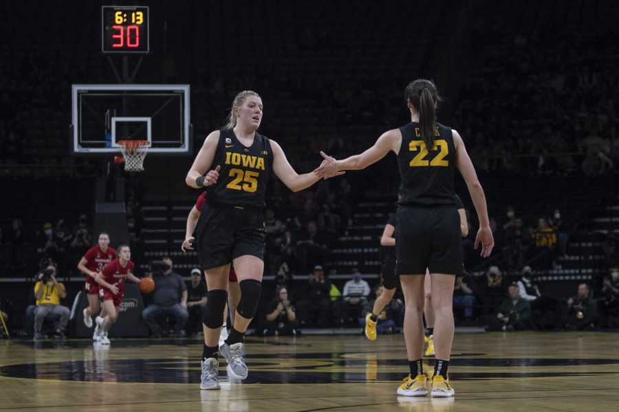 Iowa+guard+Caitlin+Clark+high+fives+Iowa+forward+Monika+Czinano+during+a+women%E2%80%99s+basketball+game+between+Iowa+and+Nebraska+at+Carver-Hawkeye+Arena+in+Iowa+City+on+Sunday%2C+Jan.+16%2C+2022.+Clark+and+Czinano+led+Iowa+in+scoring+with+31+points+each.+The+Hawkeyes+defeated+the+Cornhuskers%2C+93-83.