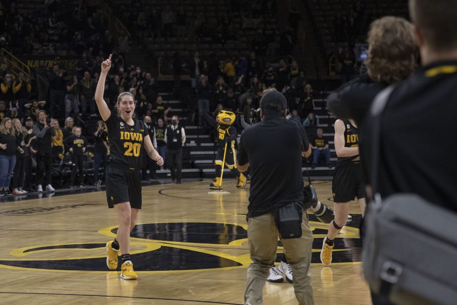 Iowa guard Kate Martin celebrates during a women’s basketball game between Iowa and Nebraska at Carver-Hawkeye Arena in Iowa City on Sunday, Jan. 16, 2022. The Hawkeyes defeated the Cornhuskers, 93-83.