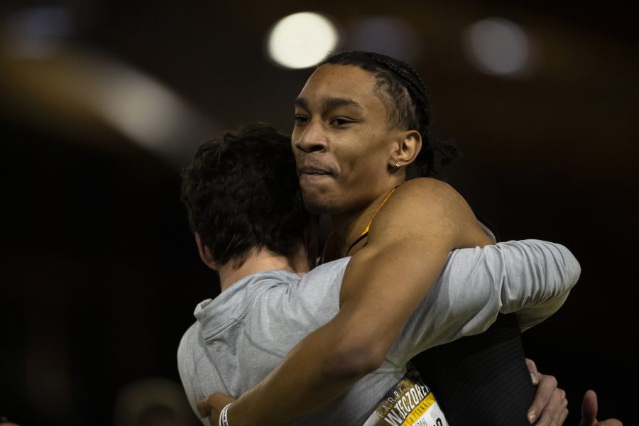 Iowas Jenoah McKiver celebrates after placing first in the mens 600-meter premiere run with a time of 1:16.08 at the 2022 Larry Wieczorek Invitational track and field meet at the University of Iowa Recreation Building on Friday, Jan. 21, 2022. McKivers time set a meet, facility, and school record.