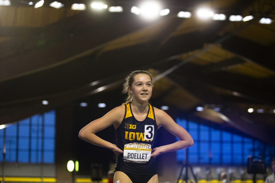 Iowa's Micah Poellet smiles after finishing first with a time of 10:03.65 in the women's 3000-meter race at the 2022 Larry Wieczorek Invitational track and field meet at the University of Iowa Recreation building on Friday, Jan. 21, 2022. The Larry Wieczorek Invitational hosted Baylor, Gonzaga, Mount Mercy, the University of Northern Iowa, Purdue, Wartburg and the University of Wisconsin.