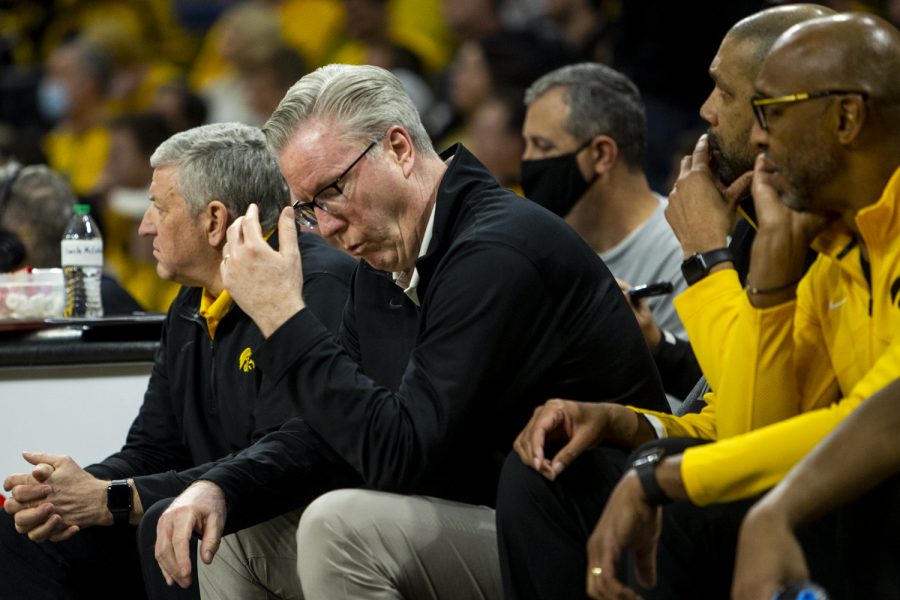 Iowa head coach Fran McCaffery reacts to play during a men’s basketball game between Iowa and Penn State at Carver-Hawkeye Arena on Saturday, Jan. 22, 2022. McCaffery spoke about recovering from the first half rebounding deficit after the game. “I thought we had more focus. More activity,” McCaffery said. The Hawkeyes defeated the Nittany Lions, 68-51.
