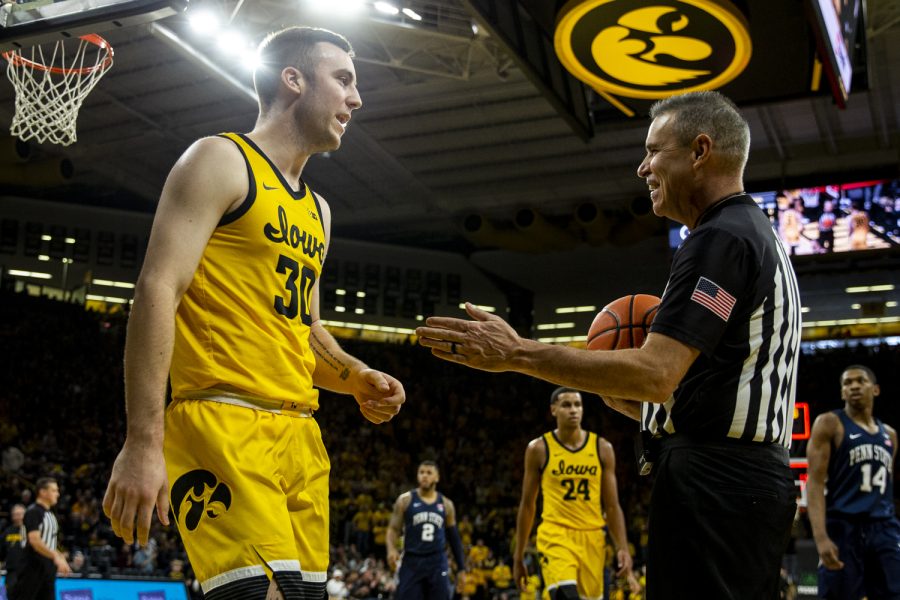 Iowa+guard+Connor+McCaffery+jokes+with+an+official+at+halftime+during+a+men%E2%80%99s+basketball+game+between+Iowa+and+Penn+State+at+Carver-Hawkeye+Arena+on+Saturday%2C+Jan.+22%2C+2022.+The+Hawkeyes+defeated+the+Nittany+Lions%2C+68-51.