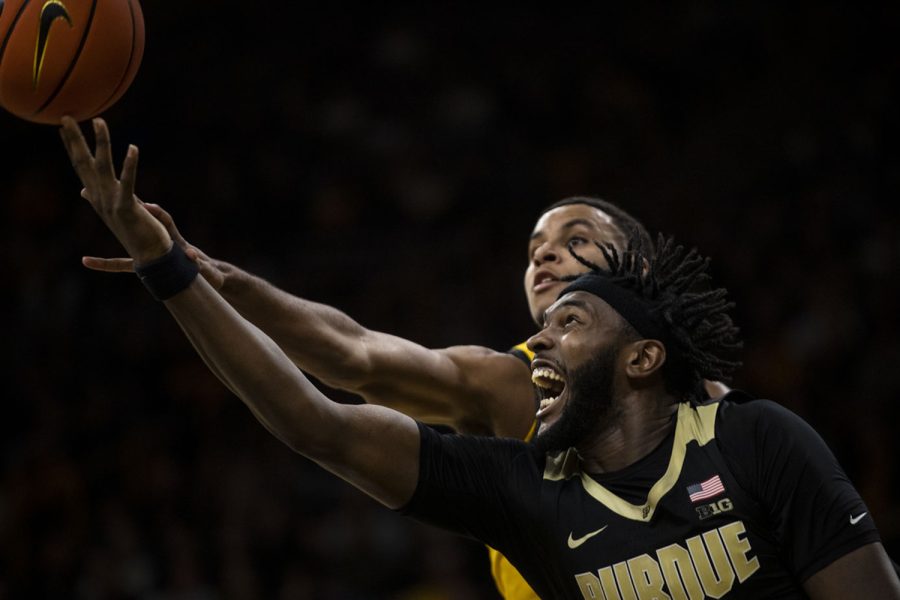 Purdue forward Trevion Williams goes up for a shot during a basketball game between Iowa and No. 6 Purdue at Carver-Hawkeye Arena in Iowa City on Thursday, Jan. 27, 2022. The Boilermakers defeated the Hawkeyes, 83-73. Williams played a total of 24 minutes and five seconds.