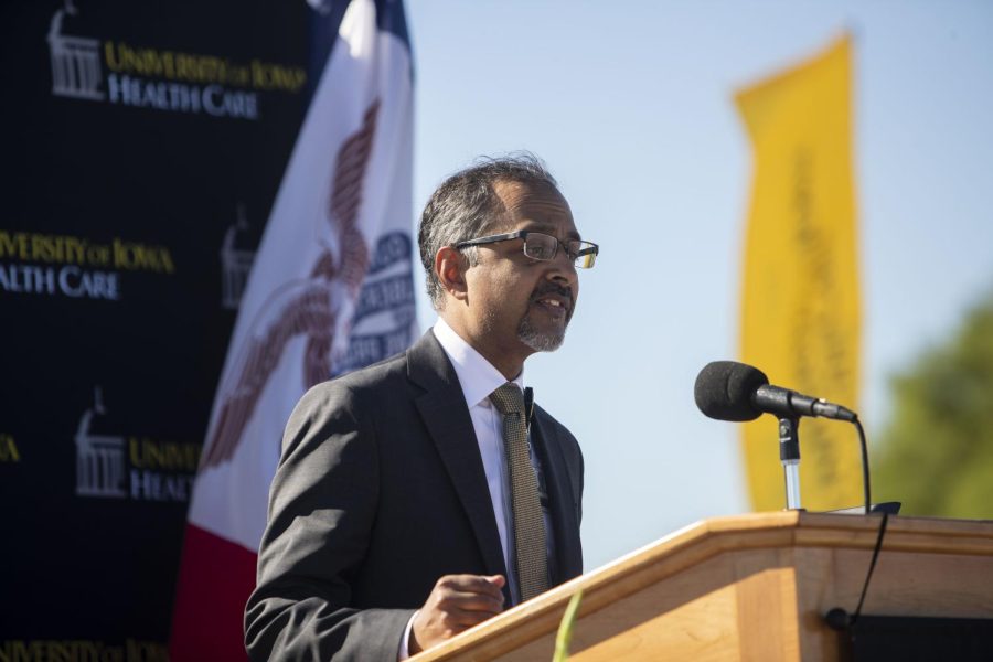 The CEO of the University of Iowa Hospitals and Clinics Suresh Gunasekaran speaks during a groundbreaking ceremony at the North Liberty University of Iowa Hospitals and Clinics construction site on Thursday, Oct. 14, 2021. The new facility is set to include procedure rooms, emergency care rooms, laboratories, outpatient clinics, a pharmacy, advanced diagnostic imaging and teaching/research space. 
