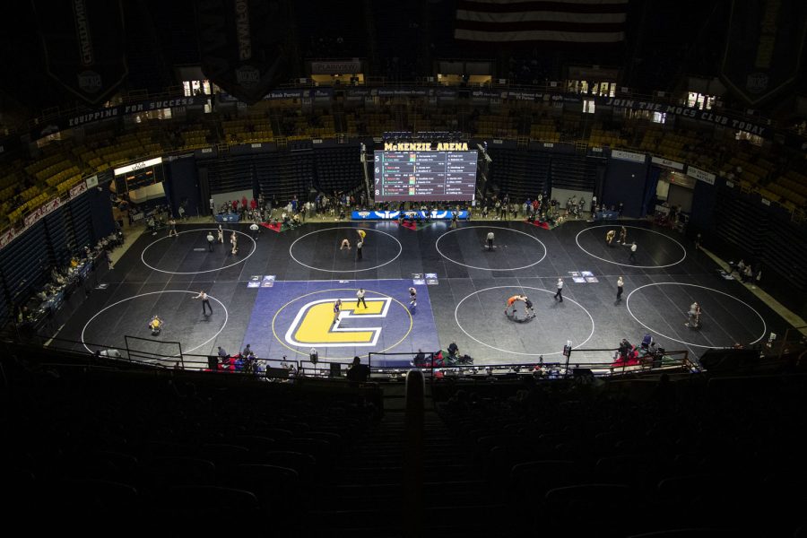 Wrestlers compete during the first day of the Southern Scuffle at McKenzie Arena at the University of Tennessee at Chattanooga in Chattanooga, Tenn,, on Saturday, Jan. 1, 2022. This was the first day of a two day tournament. 