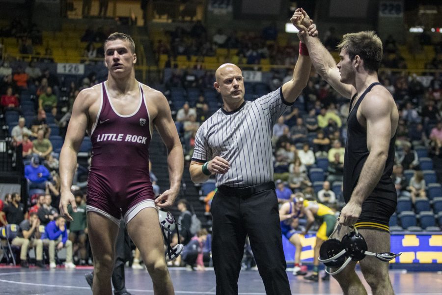 A+referee+raises+Iowa%E2%80%99s+174-pound+Brennan+Swafford+hand+after+defeating+Little+Rock%E2%80%99s+Triston+Wills+during+the+first+day+of+the+Southern+Scuffle+at+McKenzie+Arena+at+the+University+of+Tennessee+at+Chattanooga+in+Chattanooga%2C+Tenn.%2C+on+Saturday%2C+Jan.+1%2C+2022.+Swafford+defeated+Wills%2C+9-7.+Swafford+will+wrestle+in+the+semifinals+on+Sunday%2C+Jan.+2%2C+2022.+