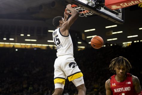 Iowa forward Keegan Murray dunks the ball during a men’s basketball between Iowa and Maryland at Carver-Hawkeye Arena on Monday, Jan. 3, 2022. The Hawkeyes defeated the Terrapins, 80-75.
