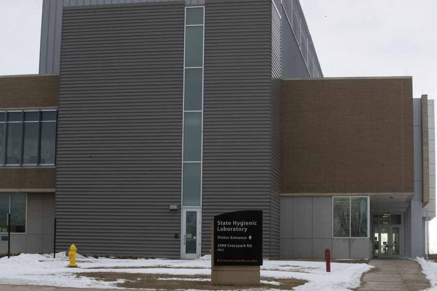 A building mug of the State Hygienic Lab located in Coralville, Iowa, is seen on Thursday, Jan. 27, 2022.