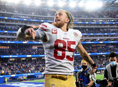 Jan 9, 2022; Inglewood, California, USA;  San Francisco 49ers tight end George Kittle (85) celebrates as he leaves the field after defeating the Los Angeles Rams in the overtime period of the game at SoFi Stadium. Mandatory Credit: Jayne Kamin-Oncea-USA TODAY Sports