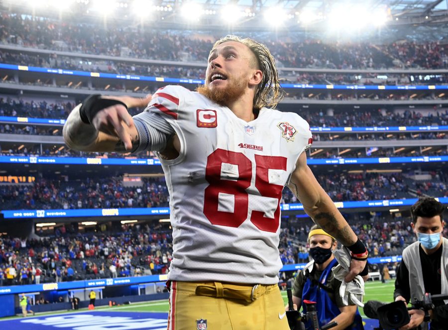 Jan+9%2C+2022%3B+Inglewood%2C+California%2C+USA%3B++San+Francisco+49ers+tight+end+George+Kittle+%2885%29+celebrates+as+he+leaves+the+field+after+defeating+the+Los+Angeles+Rams+in+the+overtime+period+of+the+game+at+SoFi+Stadium.+Mandatory+Credit%3A+Jayne+Kamin-Oncea-USA+TODAY+Sports