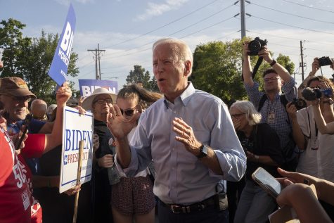 Former Vice President and 2020 democratic candidate Joe Biden speaks to attendees outside after his speech at the opening of his campaign office on S. Gilbert St. on Wednesday, August 7, 2019.