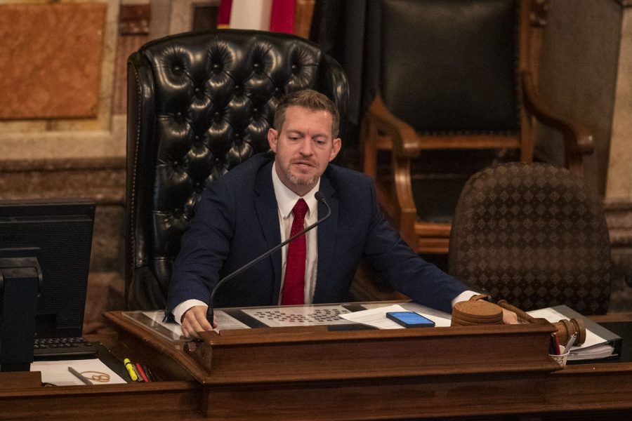 Iowa Senate President Jake Chapman speaks during the second day of the 2022 Legislative Session at the Iowa State Capitol in Des Moines, Iowa, on Tuesday, Jan. 11, 2022. 
