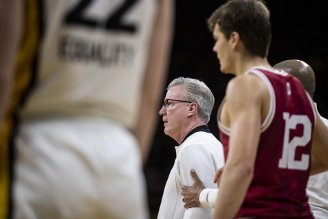 Iowa head coach looks at an official during a men’s basketball game between Iowa and Indiana at Carver-Hawkeye Arena on Thursday, Jan. 13, 2022. The Hawkeyes defeated the Hoosiers, 83-74.