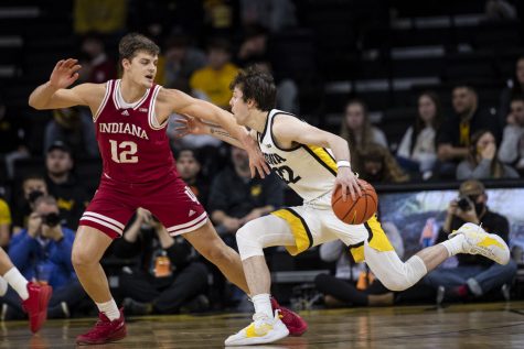 Iowa forward Patrick McCaffery dribbles the ball during a men’s basketball game between Iowa and Indiana at Carver-Hawkeye Arena on Thursday, Jan. 13, 2022. The Hawkeyes defeated the Hoosiers, 83-74. 