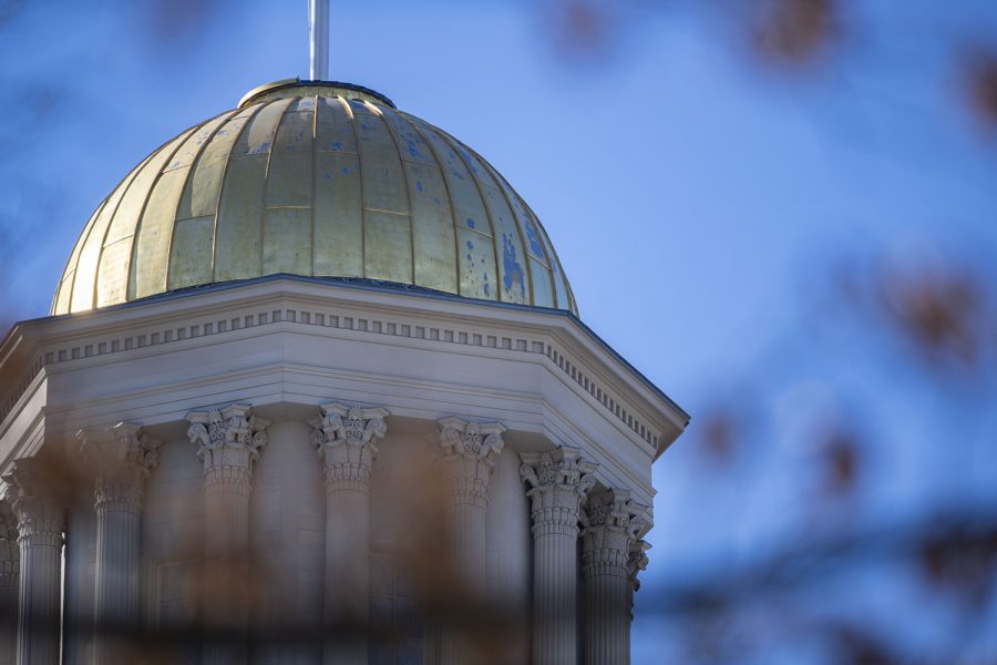 The Old Capitol Dome is seen on Tuesday, Jan. 25, 2022. Bids for the Old Capitol’s gold leaf dome to be redone will be accepted on Feb. 8 and will cost an estimated $505,000.