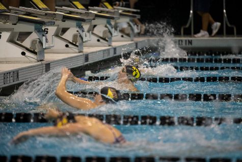 Iowa’s Zoe Pawloski finishes the 100 yard butterfly against the University of Northern Iowa at the Campus Recreation and Wellness Center on Friday, Oct. 1, 2021. Pawloski finished fifth with a time of 1:04.73. 