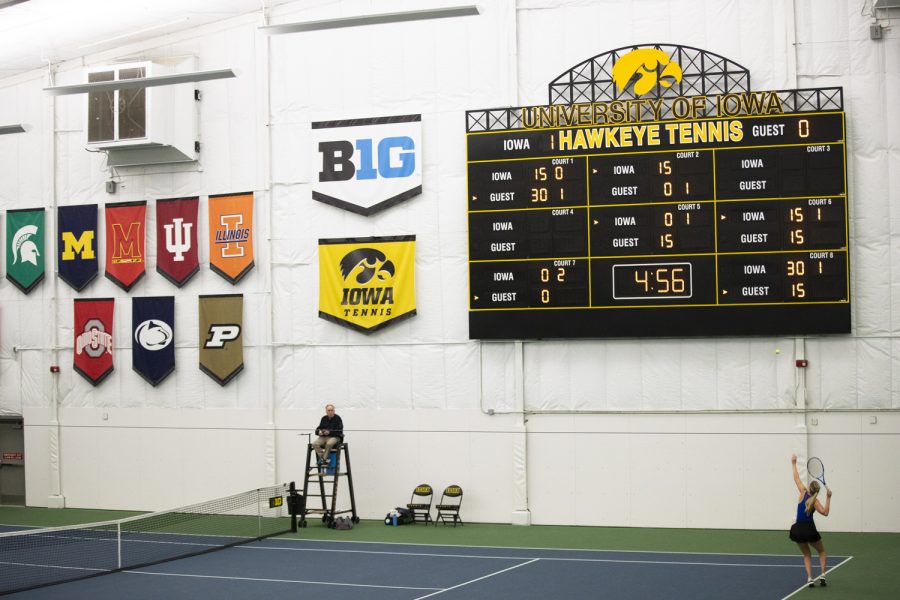 Drake’s Kelsey Neville serves the ball during a tennis match between Iowa and Drake at Hawkeye Tennis and Recreation Complex in Iowa City on Sunday, Jan. 16, 2022. Neville lost her singles match to Iowa’s Samantha Gillas. Iowa beat Drake, 6-1.