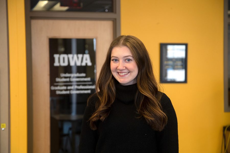 University of Iowa Undergraduate Student Government Cabinet Director Vera Barkosky poses for a portrait at the Iowa Memorial Union on Jan. 17 2022.