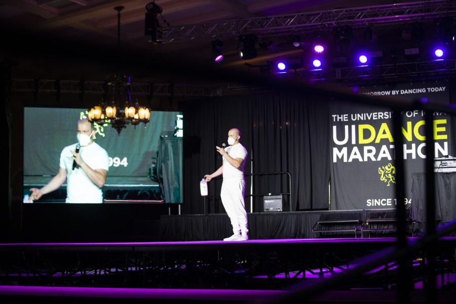 An organizer cracks jokes during Dance Marathon at the Iowa Memorial Union at the University of Iowa in Iowa City on Saturday, Feb. 5, 2022. The fundraiser was held virtually with limited in-person participants. 