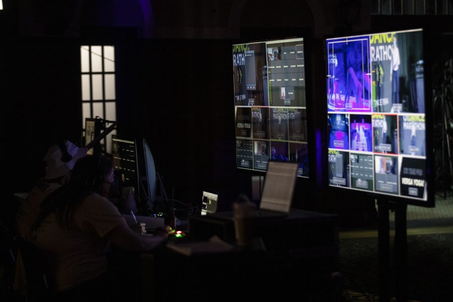 Dance Marathon organizers manage the livestream of Dance Marathon at the Iowa Memorial Union at the University of Iowa in Iowa City on Saturday, Feb. 5, 2022. The fundraiser was held virtually with limited in-person participants. 