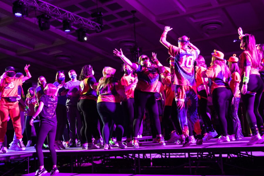 Participants dance during Dance Marathon at the Iowa Memorial Union at the University of Iowa in Iowa City on Saturday, Feb. 5, 2022. The fundraiser was held virtually with limited in-person participants. 