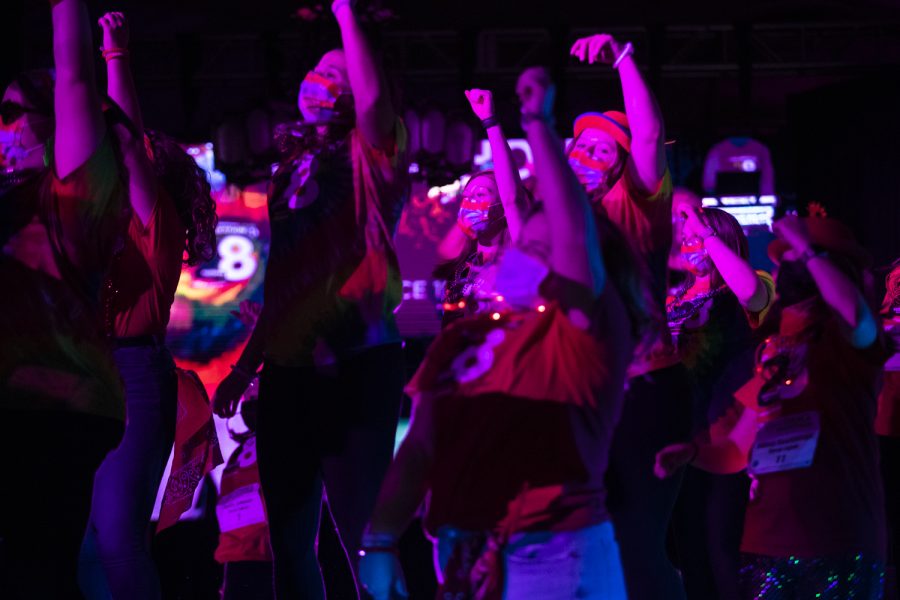 Dance Marathon captains participate in the captains' line during Dance Marathon at the Iowa Memorial Union at the University of Iowa in Iowa City on Saturday, Feb. 5, 2022. The fundraiser was held virtually with limited in-person participants. 