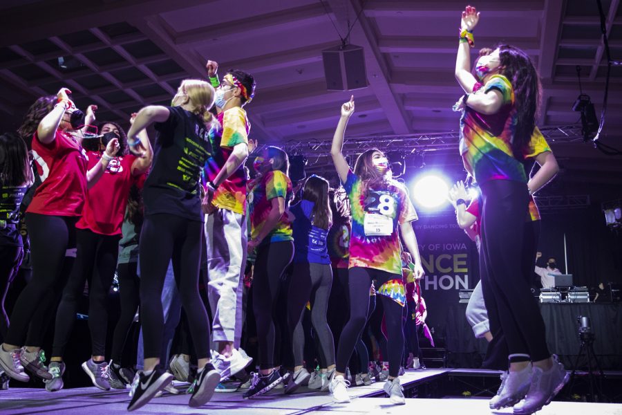 during Dance Marathon at the Iowa Memorial Union at the University of Iowa in Iowa City on Saturday, Feb. 5, 2022. The fundraiser was held virtually with limited in-person participants. 