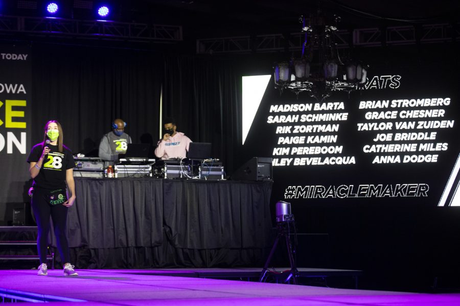 Dance Marathon Executive Director Anna Dodge thanks people who've raised over $1,200 during Dance Marathon at the Iowa Memorial Union at the University of Iowa in Iowa City on Saturday, Feb. 5, 2022. The fundraiser was held virtually with limited in-person participants. 