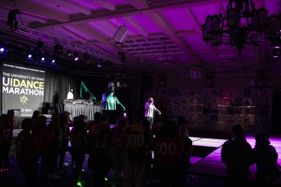 Participants listen to an organizer during Dance Marathon at the Iowa Memorial Union at the University of Iowa in Iowa City on Saturday, Feb. 5, 2022. The fundraiser was held virtually with limited in-person participants. 