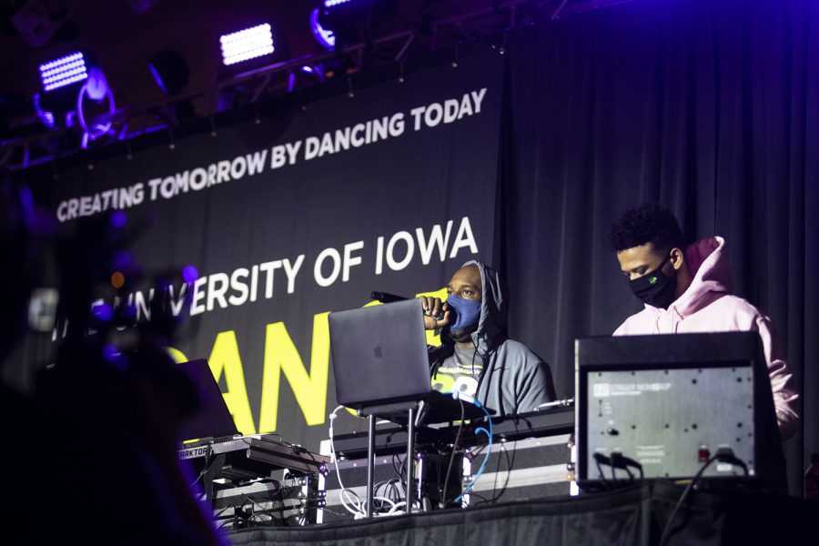 A DJ hypes up the crowd during Dance Marathon at the Iowa Memorial Union at the University of Iowa in Iowa City on Saturday, Feb. 5, 2022. The fundraiser was held virtually with limited in-person participants. 