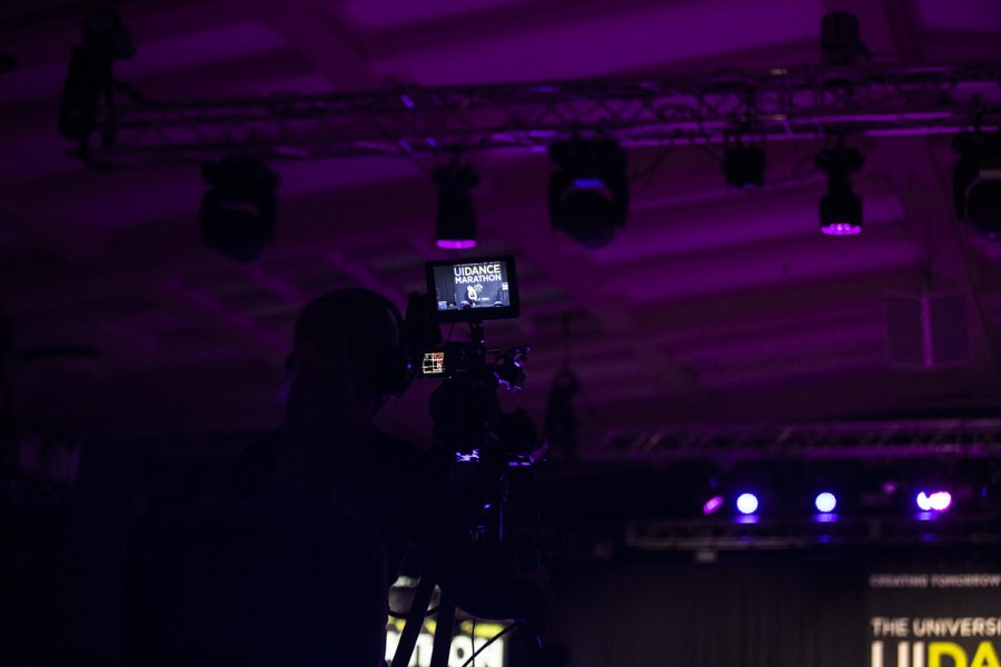 A camera operator livestreams Dance Marathon at the Iowa Memorial Union at the University of Iowa in Iowa City on Saturday, Feb. 5, 2022. The fundraiser was held virtually with limited in-person participants. 