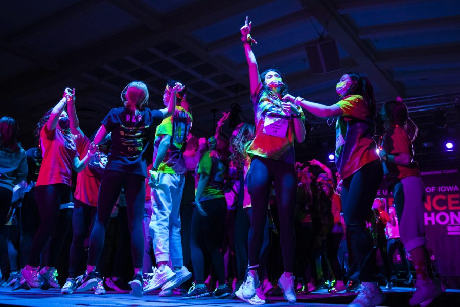 Participants dance during Dance Marathon at the Iowa Memorial Union at the University of Iowa in Iowa City on Saturday, Feb. 5, 2022. The fundraiser was held virtually with limited in-person participants. 