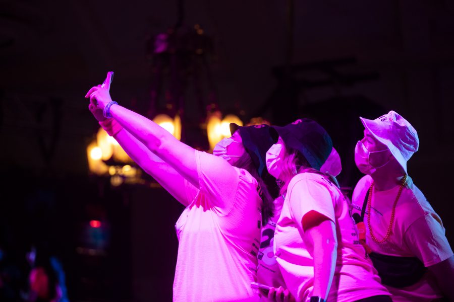 Participants take a selfie during Dance Marathon at the Iowa Memorial Union at the University of Iowa in Iowa City on Saturday, Feb. 5, 2022. The fundraiser was held virtually with limited in-person participants. 