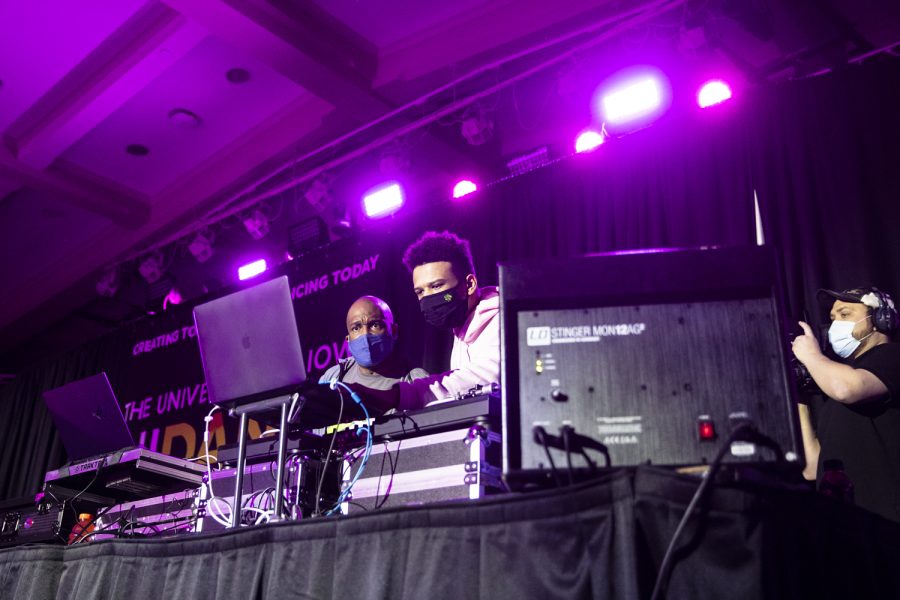 DJs adjust the sound during Dance Marathon at the Iowa Memorial Union at the University of Iowa in Iowa City on Saturday, Feb. 5, 2022. The fundraiser was held virtually with limited in-person participants. 