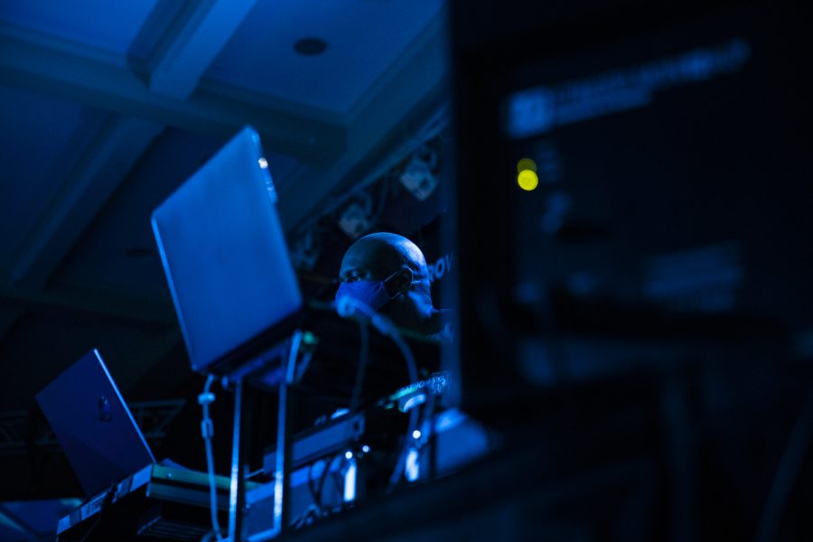 A DJ adjusts the sound during Dance Marathon at the Iowa Memorial Union at the University of Iowa in Iowa City on Saturday, Feb. 5, 2022. The fundraiser was held virtually with limited in-person participants. 