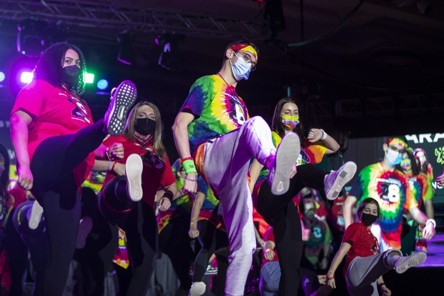 Dance Marathon captains participate in the captains' line during Dance Marathon at the Iowa Memorial Union at the University of Iowa in Iowa City on Saturday, Feb. 5, 2022. The fundraiser was held virtually with limited in-person participants. 