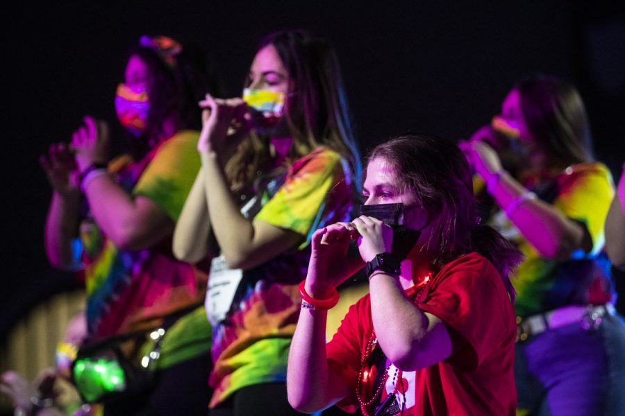 Dance Marathon captains participate in the captains' line during Dance Marathon at the Iowa Memorial Union at the University of Iowa in Iowa City on Saturday, Feb. 5, 2022. The fundraiser was held virtually with limited in-person participants. 