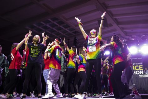 Participants dance during Dance Marathon at the Iowa Memorial Union at the University of Iowa in Iowa City on Saturday, Feb. 5, 2022. The fundraiser was held virtually with limited in-person participants. 