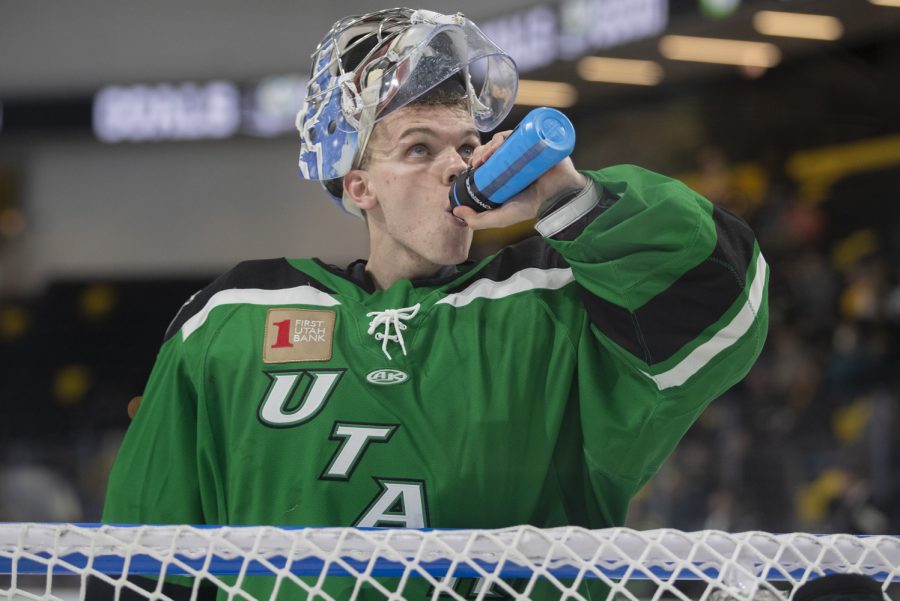 Utah goalie Trent Miner takes a drink during a hockey match between the Iowa Heartlanders and the Utah Grizzlies at Xtream Arena in Coralville on Feb. 9, 2022. The Grizzlies beat the Heartlanders, 5-4, in overtime.