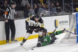 Iowa forward Kris Bennett and Utah defenseman Miles Gendron both go for the puck during a hockey match between the Iowa Heartlanders and the Utah Grizzlies at Xtream Arena in Coralville on Feb. 9, 2022. The Grizzlies beat the Heartlanders, 5-4, in overtime.