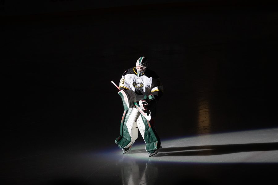 Iowa Heartlanders goalie Tevin Kozlowski gets introduced to the crowd before a hockey game between the Iowa Heartlanders and Utah Grizzlies at Xtream Arena in Coralville on Saturday, Feb. 12, 2022. The Grizzlies defeated the Heartlanders, 4-3, to sweep the series. 