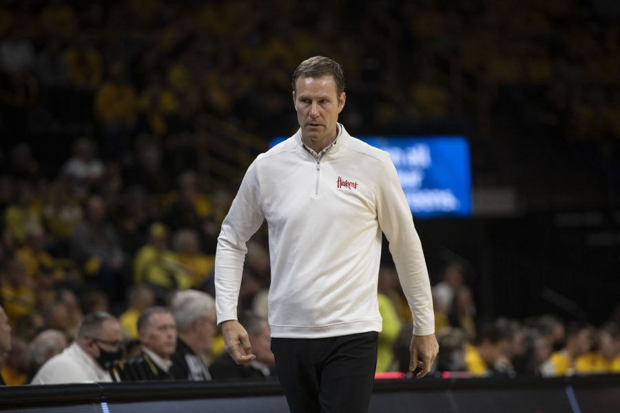 Nebraska head coach Fred Hoiberg walks to his bench during a men’s basketball game between Iowa and Nebraska at Carver-Hawkeye Arena on Sunday, Feb 13, 2022. Nebraska ranks last in the Big Ten standings. The Hawkeyes defeated the Cornhuskers, 98-75. 