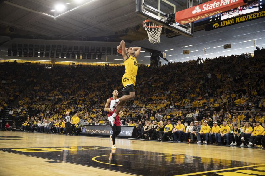 Iowa forward Keegan Murray goes for a dunk during a men’s basketball game between Iowa and Nebraska at Carver-Hawkeye Arena on Sunday, Feb 13, 2022. Keegan set a career high with 37 points. The Hawkeyes defeated the Cornhuskers, 98-75. 