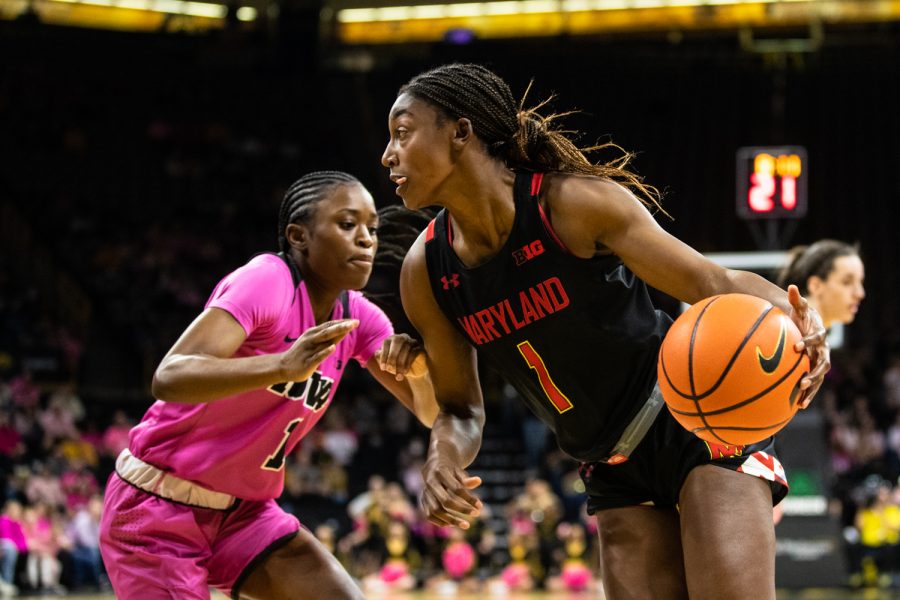 Maryland pointguard Diamond Miller drives the ball during a basketball game between No. 22 Iowa and No. 13 Maryland at Carver-Hawkeye Arena in Iowa City on Monday, Feb. 14, 2022. Miller earned 20 points. The Terrapins beat the Hawkeyes, 81-69.