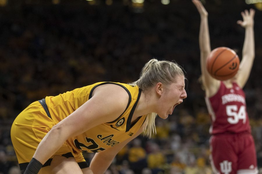 Iowa center Monika Czinano celebrates a basket. Czinano led the team in scoring with 31 points during a women’s basketball game between No. 21 Iowa and No. 10 Indiana at Carver-Hawkeye Arena in Iowa City on Monday, Feb. 21, 2022. The Hawkeyes defeated the Hoosiers, 88-82.