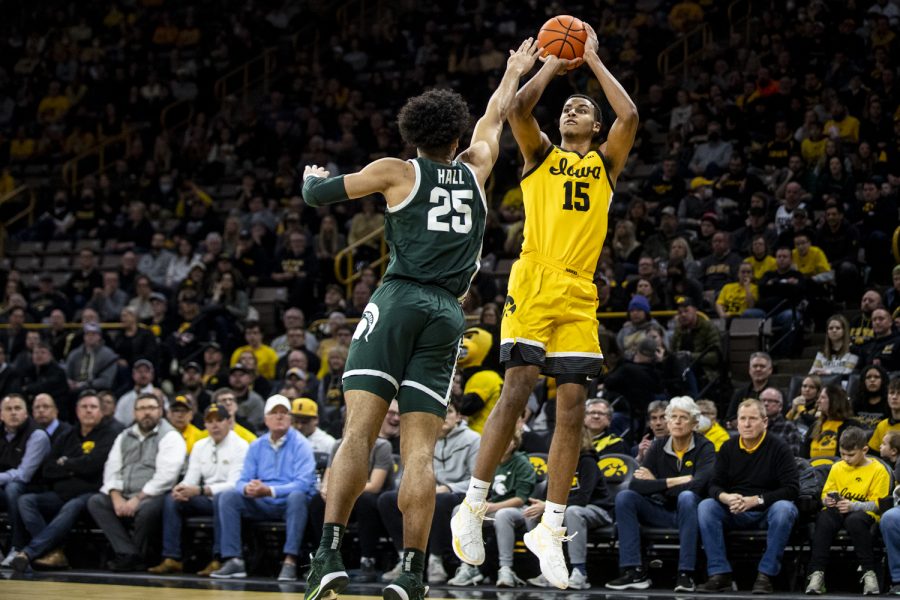 Iowa forward Keegan Murray attempts a fadeaway during a men’s basketball game at Carver-Hawkeye Arena between No. 25 Iowa and Michigan State on Tuesday, Feb. 22, 2022. Murray led Iowa in scoring with 28 points. The Hawkeyes defeated the Spartans, 86-60.