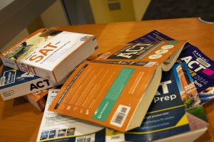 SAT and ACT books are shown in the Iowa City Public Library on Monday, 31, 2022. (Larry Phan/The Daily Iowan)