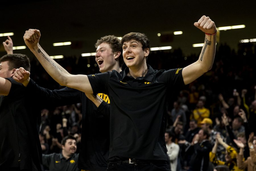 Iowa+forward+Patrick+McCaffery+celebrates+during+a+men%E2%80%99s+basketball+game+between+No.+24+Iowa+and+Northwestern+in+Carver-Hawkeye+Arena+on+Monday%2C+Feb.+28%2C+2022.+McCaffery+rested+the+game+after+being+banged+up+in+the+last+game+at+Nebraska.+The+Hawkeyes+defeated+the+Wildcats%2C+82-61.